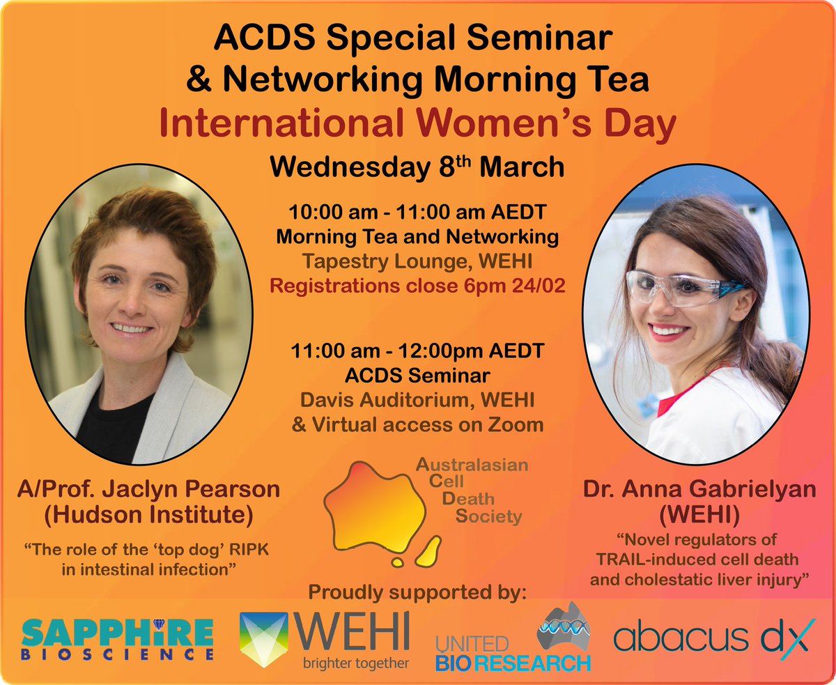 📢 Coming up next week! Join us on Wed 8th March at 10am in person for morning tea ☕️🥐 or 11am AEDT (hybrid) for our two fantastic speakers: A/Prof @JacPearson_79 of <a href="/PearsonLab22/">PearsonLab</a> <a href="/Hudson_Research/">Hudson Institute of Medical Research</a> &amp; Dr Anna Gabrielyan of Silke/<a href="/FelthamLab/">Feltham Lab</a> <a href="/WEHI_research/">WEHI (Walter and Eliza Hall Institute)</a>! 👩‍🔬🤩 See you there!