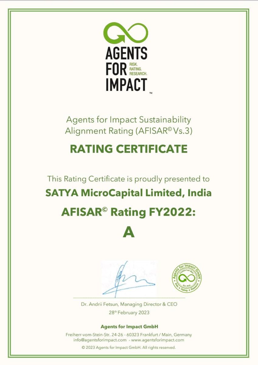 SatyaMicro's tweet photo. We are pleased to inform you that SATYA Micro Capital Limited has received its second Agents for Impact Sustainability Alignment Rating. The organization received an overall A grade for SDG alignment and sustainability performance. 

#AGrade #MFI #Microfinance #NBFC #Sustainable https://t.co/wJ4Vu72v3B