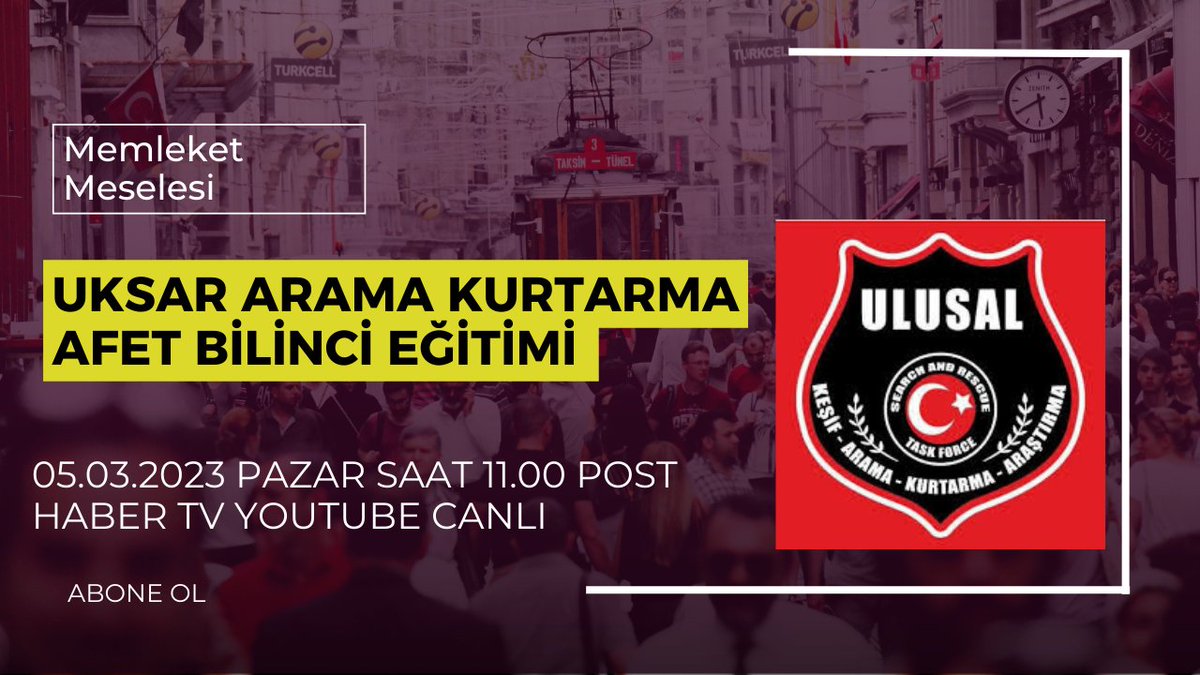 1-7 Mart deprem haftası etkinliği kapsamında afet bilinci eğitimi ile birlikte olacağız

05.03.2023 Pazar saat 11.00'da POST HABER TV YouTube canlı yayında UKSAR Arama Kurtarma ekibi ile beraber olacağız 

#deprem #aramakurtarma #deprem #afetbilinci