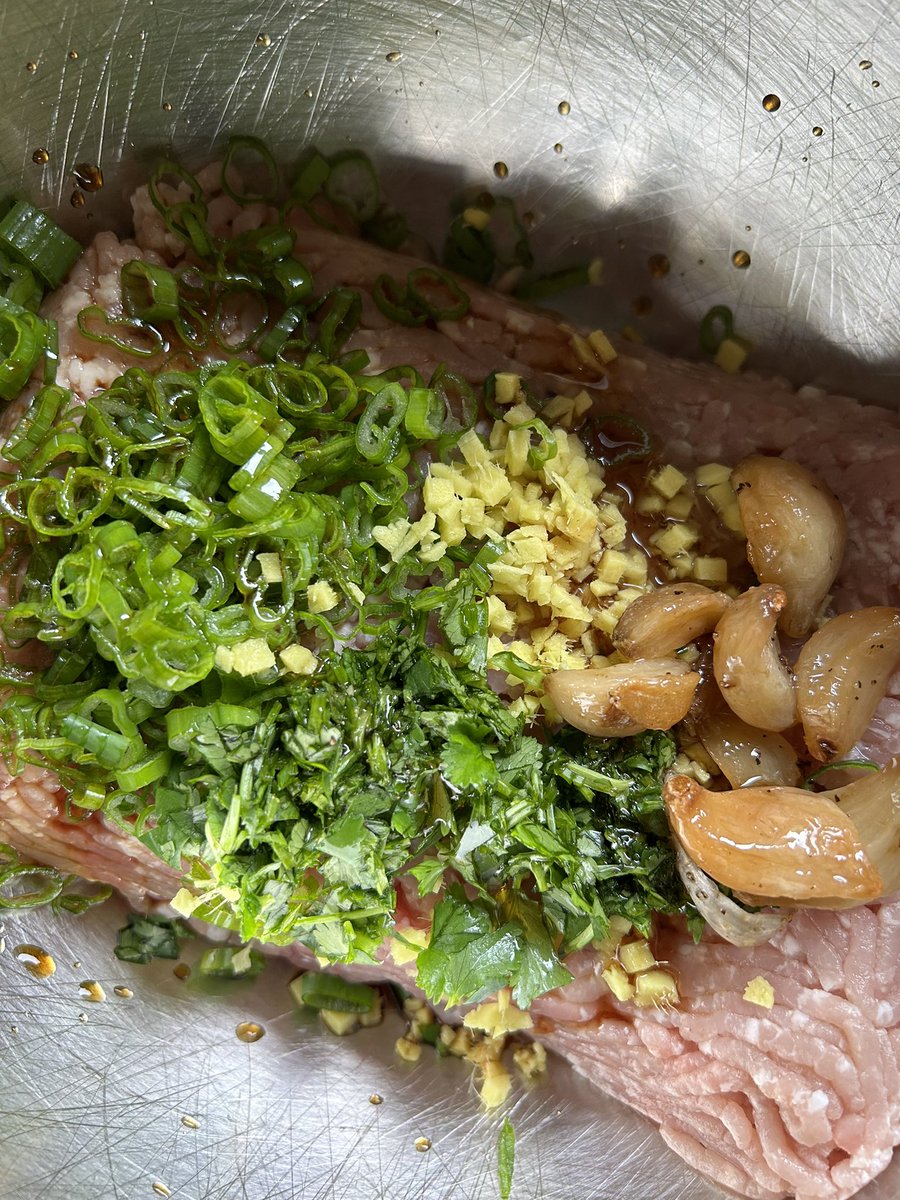 thesaltedtable's tweet photo. I salted some slaw mix to draw out the moisture, then squeezed the remaining liquid out before adding it to my seasoned pork. Thereโs roasted garlic, ginger, soy sauce, white pepper, green onions, cilantro, sesame oil, and a splash of rice wine vinegar. #cookingwithtst https://t.co/Ej6aDEXuAY