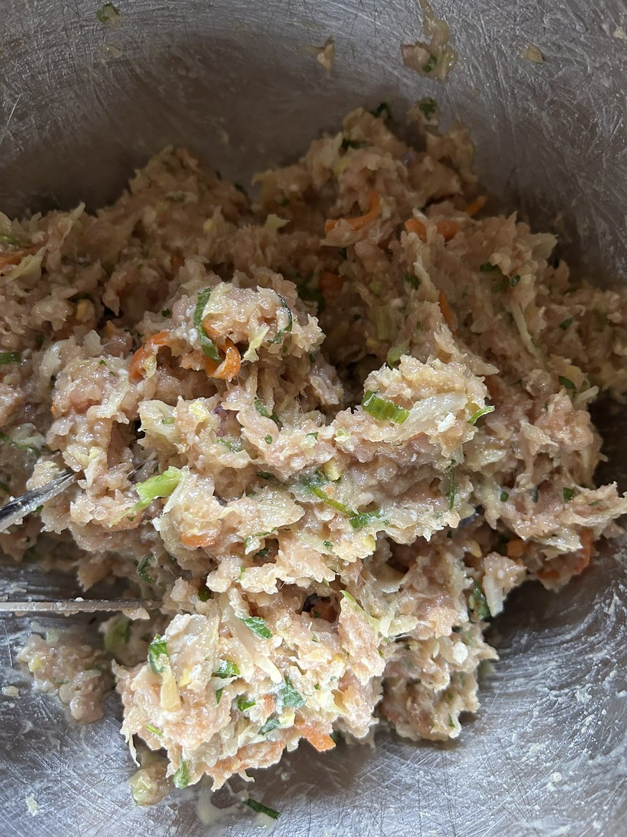 thesaltedtable's tweet photo. I salted some slaw mix to draw out the moisture, then squeezed the remaining liquid out before adding it to my seasoned pork. Thereโs roasted garlic, ginger, soy sauce, white pepper, green onions, cilantro, sesame oil, and a splash of rice wine vinegar. #cookingwithtst https://t.co/Ej6aDEXuAY