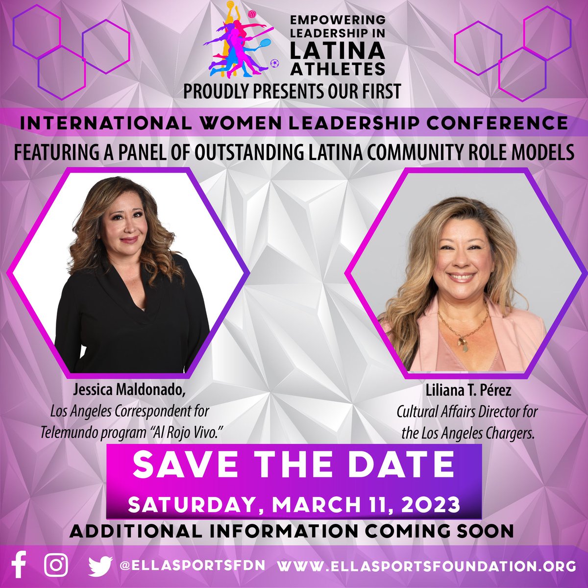SAVE THE DATE 📅📅📅 for our very first International Women Leadership Conference!
Saturday March 11, 2023 !
Additional information coming soon.
#ellasportsfoundation #internationalwomenconference #jessicamaldonado #lilianaperez  #latinas #mesdelamujer #savethedate