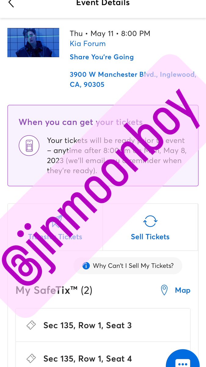 jinmoonboy's tweet photo. Selling two Agust D tickets for May 11 at
the Kia Forum at platinum price

#AgustD_SUGA_Tour #AGUSTDTOUR 
#AgustD #btstickets #sugatickets
#BTS https://t.co/CxmD3X1tOJ