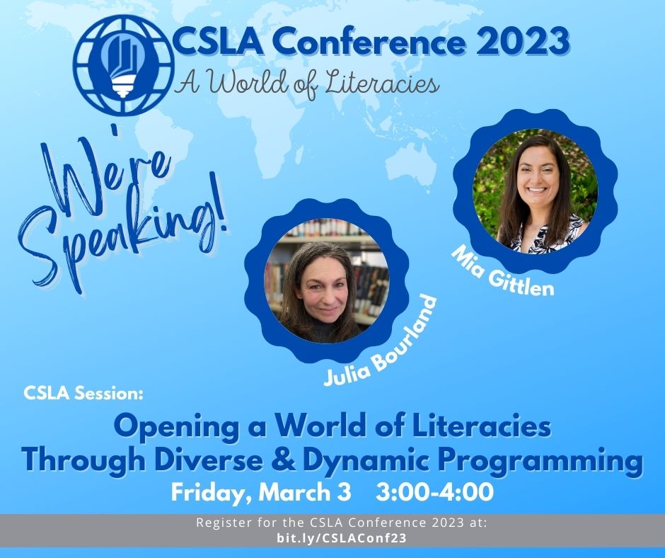 Getting excited to present ideas for interactive library programming at @csla conference on Friday with @miagittlen. #4csla #CaliforniaLibraries #SchoolLibraries#ProfDevelopment #LibraryTwitter