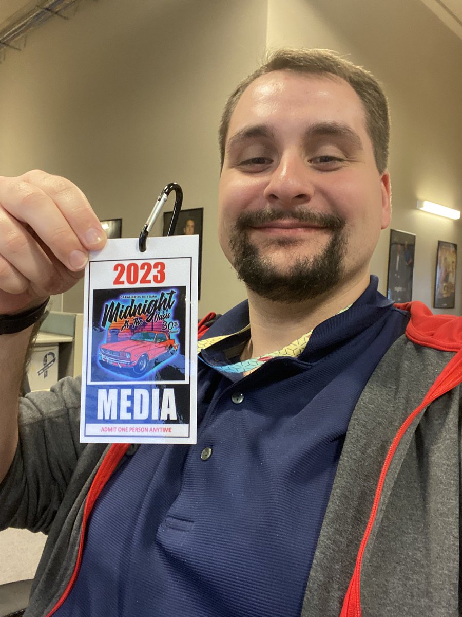 DFuhrmanKYMA's tweet photo. The perks of being an interim weekend reporter: Getting a press badge to cover an annual event in Yuma. 😎
#MidnightAtTheOasis #PressBadge @DFuhrmanKYMA, #InterimWeekendReporter #PerksOfTheJob https://t.co/uByOohARYX