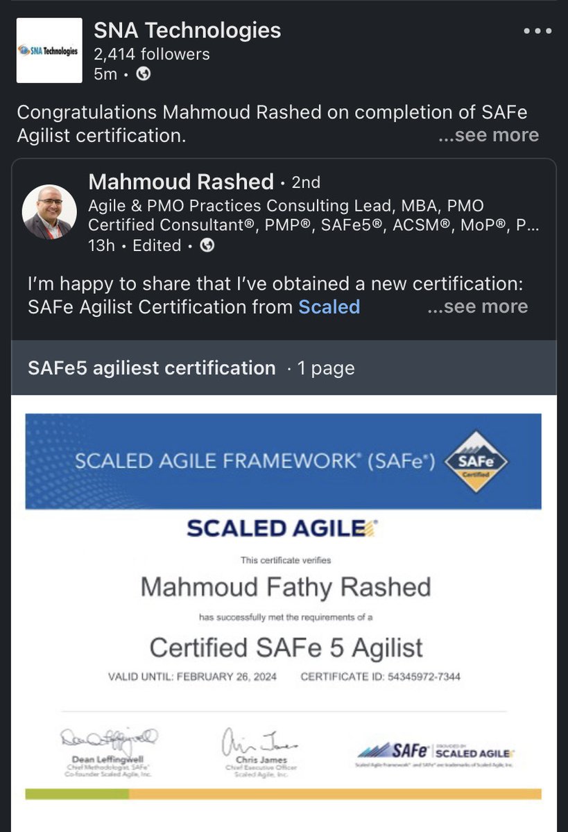 Congratulations Mahmoud Rashed on completion of SAFe Agilist certification.

Mentor:- Suresh Done

#snatechnologies #safeagilist #safetraining #safe5 #Agilist #certification #leadingsafe #agile #scaledagile #scaledagileframework