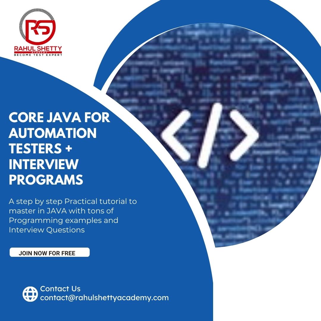 rshettyacademy's tweet image. If you want to be a master of core java for automation testers + interview programs, contact us today
bit.ly/41EgbHu
#java #automationtestingforbeginners #javaforautomation #interviewprograms #automationtestingtutorial #corejava #corejavaforautomation #automation