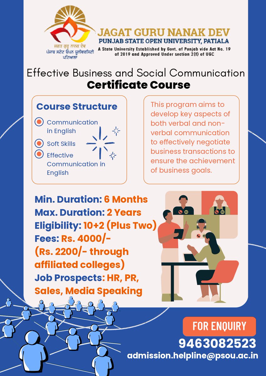 PSOUniversity's tweet photo. Effective Business and Social Communication
Certificate Course
Jagat Guru Nanak Dev Punjab State Open University
#admissions #skills #online #credit #OpenUniversity #certificatecourse #onlinelearning #effectivebusiness #socialcommunication https://t.co/GcTE0fc5hr