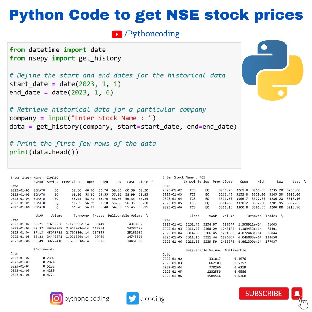 clcoding's tweet image. Day 142 : Python Code to get NSE stock prices 
youtu.be/d1NDgjGvG14