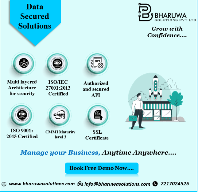 Secure your data with Bharuwa Solutions`s B-POS ERP
Manage your Business, Anytime Anywhere
To Book a Demo @ 7217024525
bharuwasolutions.com
#BharuwaSolutions #BPOSERP #Billing #Accounting #SecureData #Cloud #Solution #UniqueFeatures #GrowWithConfidence #Swadeshi #ITCompany