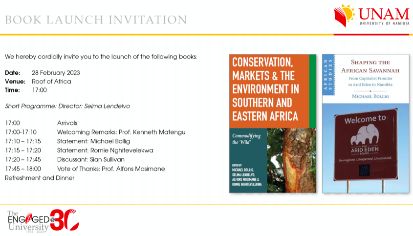 Really enjoyed speaking at this <a href="/unam_na/">#MyUNAM</a> &amp; <a href="/CRC228/">Future Rural Africa</a> book launch this week 🇳🇦 💛

"Commodifying the #Wild" + Prof. Bollig's "#Kaokoveld book" are imp. new contributions to #Namibia #conservation research.

also super relevant for <a href="/EtoshaKunene/">Etosha-Kunene Histories</a> histories project...
