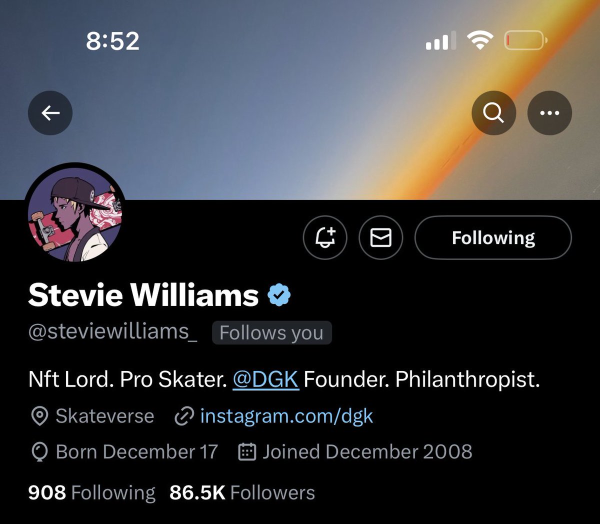 I’ve been quiet lately, but yooooooo. Thanks for the follow <a href="/steviewilliams_/">Stevie Williams</a>  🙏🏽

I’ve been a dirty ghetto kid since before <a href="/DGK/">DGK</a> and for as long as I can remember 😂🖤