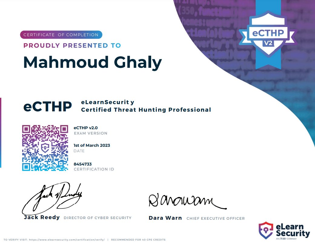 mghaly88's tweet image. I’m glad to share that I&apos;ve successfully passed eLearn Security Certified Threat Hunting Professional exam 🙏

 #eCTHPv2  #eLearnSecurity #threathunting #cybersecurity  @eLearnSecurity