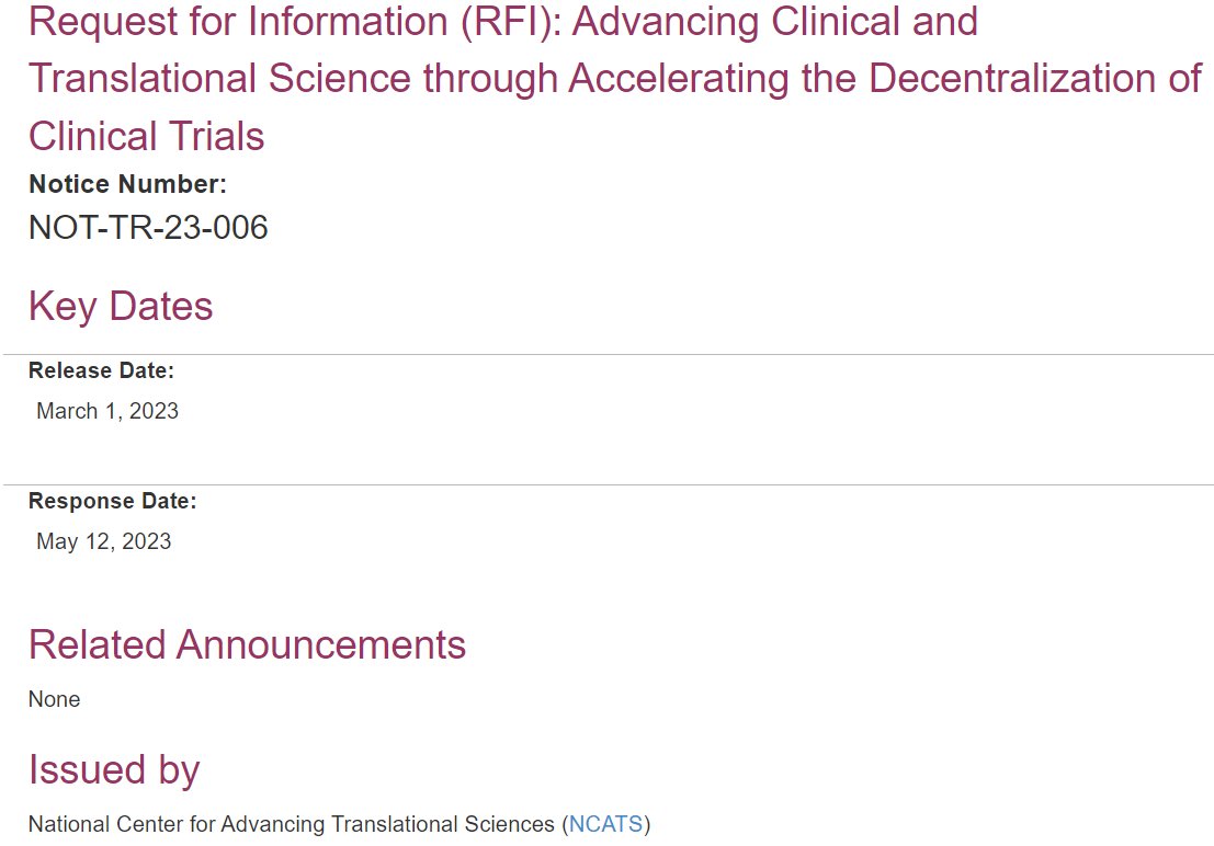 Eric Lenze MD (@ericlenze2) on Twitter photo Calling all clinical trialists!  This request by #NCATS for #decentralizedtrials  could be a game-changer for clinical medicine.  I can't overstate how much better this could be for developing, testing, personalizing, and optimizing treatments. Calling all clinical trialists!  This request by #NCATS for #decentralizedtrials  could be a game-changer for clinical medicine.  I can't overstate how much better this could be for developing, testing, personalizing, and optimizing treatments.