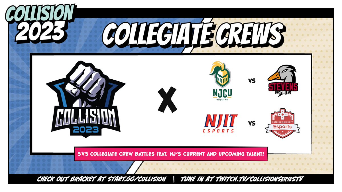 🚨 Collision 2023 Announcement! 🚨 

We're excited to announce that we'll be partnering with <a href="/TristateCrews/">Tristate Collegiate Crews Circuit</a> to present a collegiate crew battle invitational with 4 Jersey schools at #Collision2023! 

Tune in Friday at 9 PM EST on <a href="/BTSsmash/">Beyond the Smash</a> twitch.tv/btssmash!