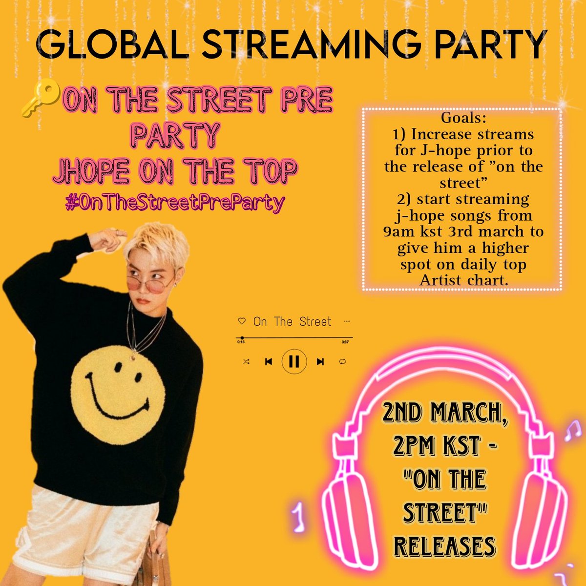 BTStreamingID's tweet photo. ARMY!

Join streaming party buat perisapan hope on the street bareng kita yuk~

Goals hari ini kita naikin daily top artists j-hope!

🔑ON THE STREET PRE PARTY
J-HOPE ON THE TOP
#OnTheStreetPreParty

(+) https://t.co/6HbOgFnQ5d