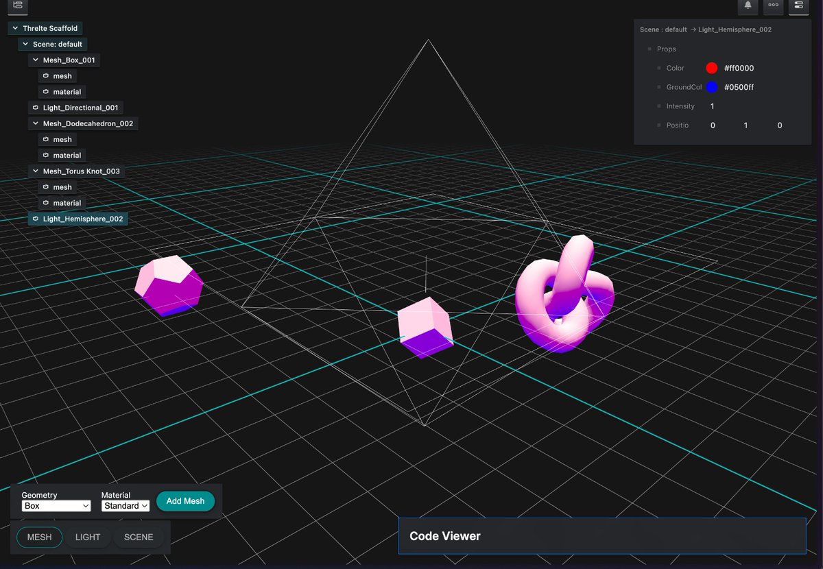 work in progress: <a href="/threlte/">Threlte</a> scene builder w/ code gen. Made with threlte's <a href="/theatre_js/">Theatre.js</a> integrations 🚀

Primary goal is to make scaffolding a scene super quick then copy/paste into a project.

#threejs #svelte

(maybe for the hackathon if it comes together how I want)