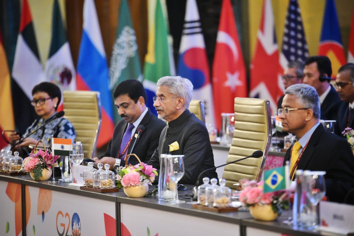 g20org's tweet photo. An opportunity to exchange views and find solutions to pressing global issues. 

Detailed deliberations in Session 1 of #G20FMM on strengthening multilateralism, food &amp; energy security and development cooperation. 

@MEAIndia https://t.co/bICqEQBDLJ