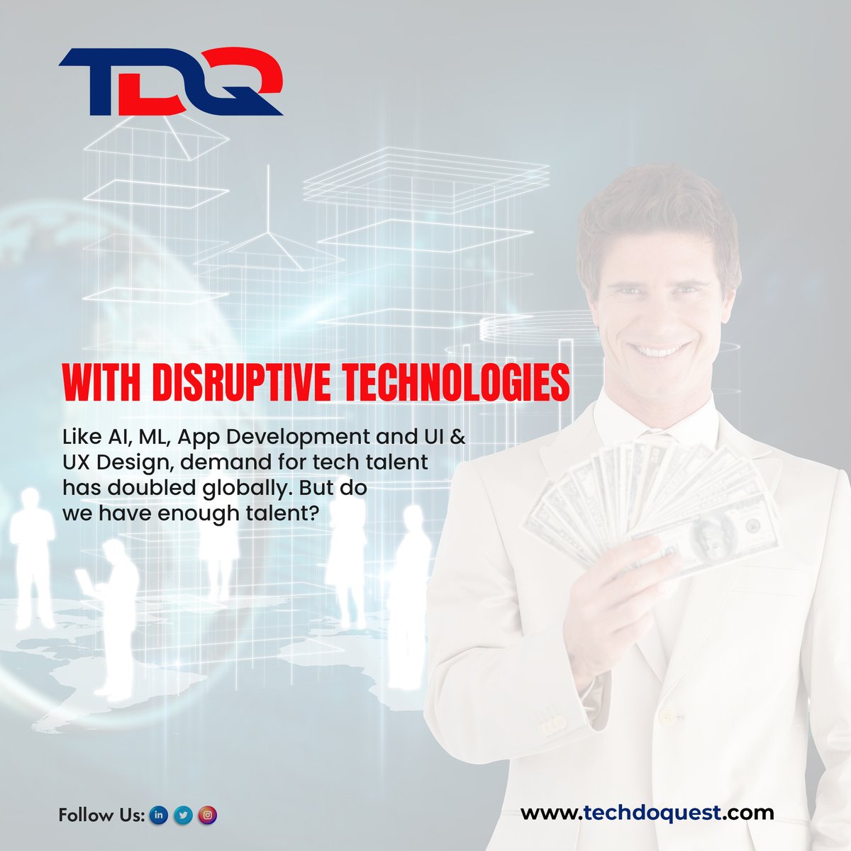 Global demand for tech talent has doubled due to disruptive technologies, but the ❓remains :
is there enough talent to meet this demand?
Here’s a thread 🧵…

#TechTalentCrunch #NewAgeSkillsShortage #OutdatedCurriculum #InternshipMandatory  #ChallengingProjects #Techdoquest #TDQ