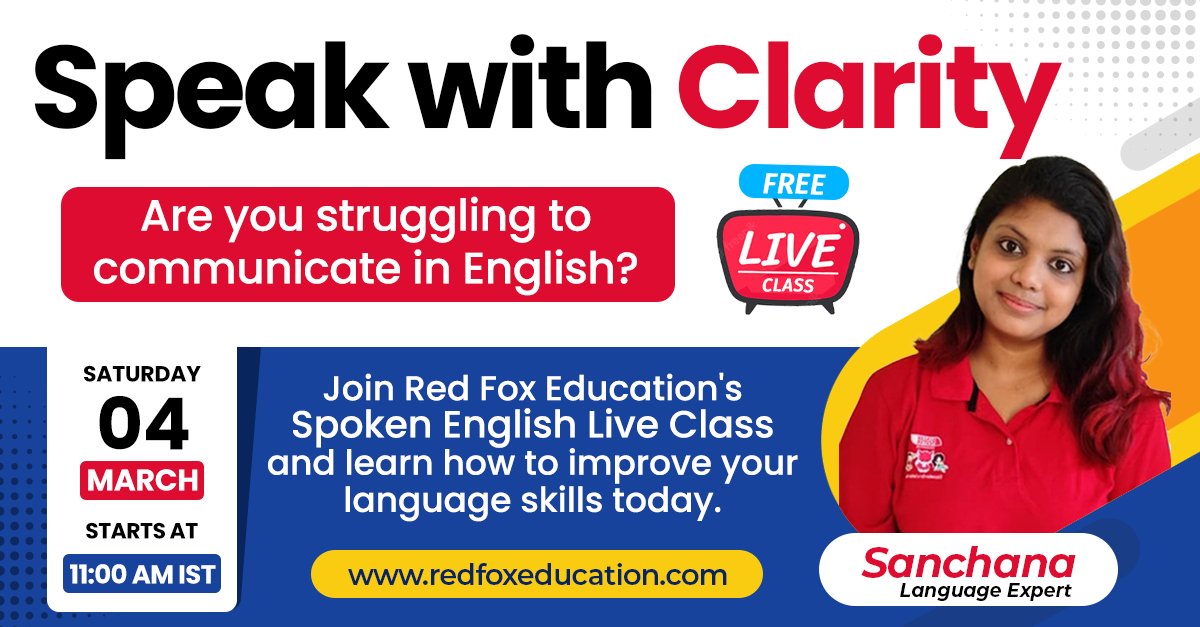 Free Spoken English Liive Class

Date:04/03/2023
Day: SATURDAY
Time: 11AM IST

Register: redfoxeducation.com/live-classes/N…

#spokenenglish #spokenenglishclasses #liveclasses #liveclass #learnenglish #studyenglish #improveyourenglish #EnglishClass #RedFoxEducation #EducationForABetterLife