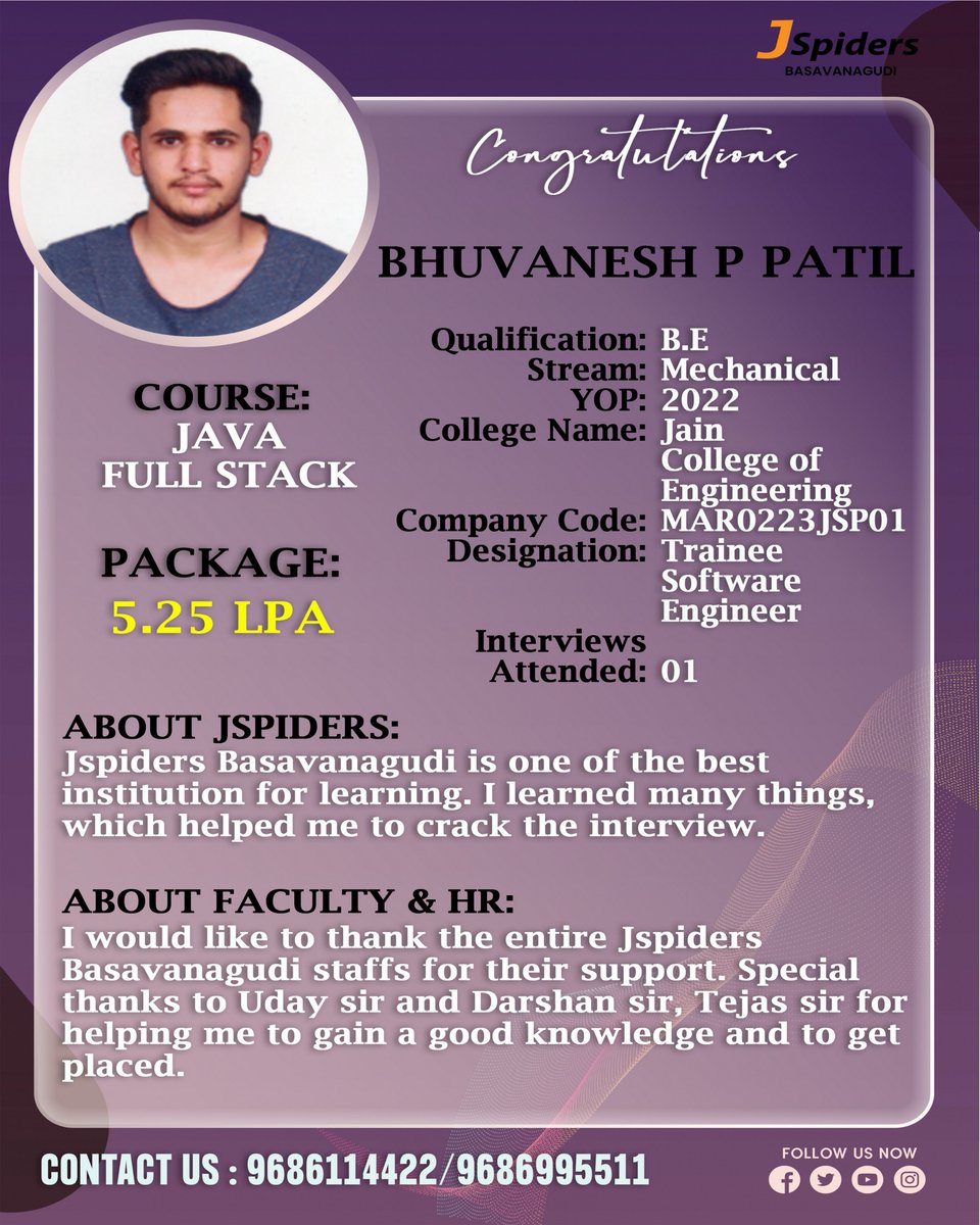 BrandingJsp's tweet image. Congratulations BHUVANESH PATIL for getting placed as TRAINEE SOFTWARE ENGINEER
#jspidersbasavanagudi #besttraininginstitute #Javaprograming #mechanicalengineering #jspidersplacement #gotjob #jobplacement #qualityasssurance #jobskills #jobopenings #courses #jobseekers #growth