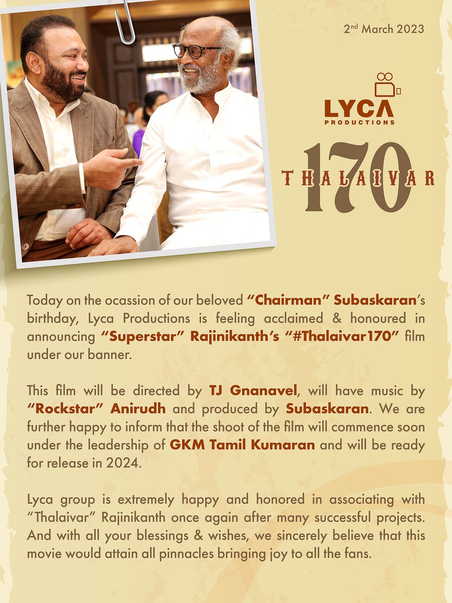 Haco_Media's tweet photo. Lyca Production's next association with “Superstar” @rajinikanth 🌟 for #Thalaivar170 🤗

Directed by critically acclaimed @tjgnan 🎬 Music by the sensational “Rockstar” @anirudhofficial 🎸

🤝 @gkmtamilkumaran 
🪙 @LycaProductions #Subaskaran
#தலைவர்170 🤗

@RIAZtheboss https://t.co/I0MGUdDV1g