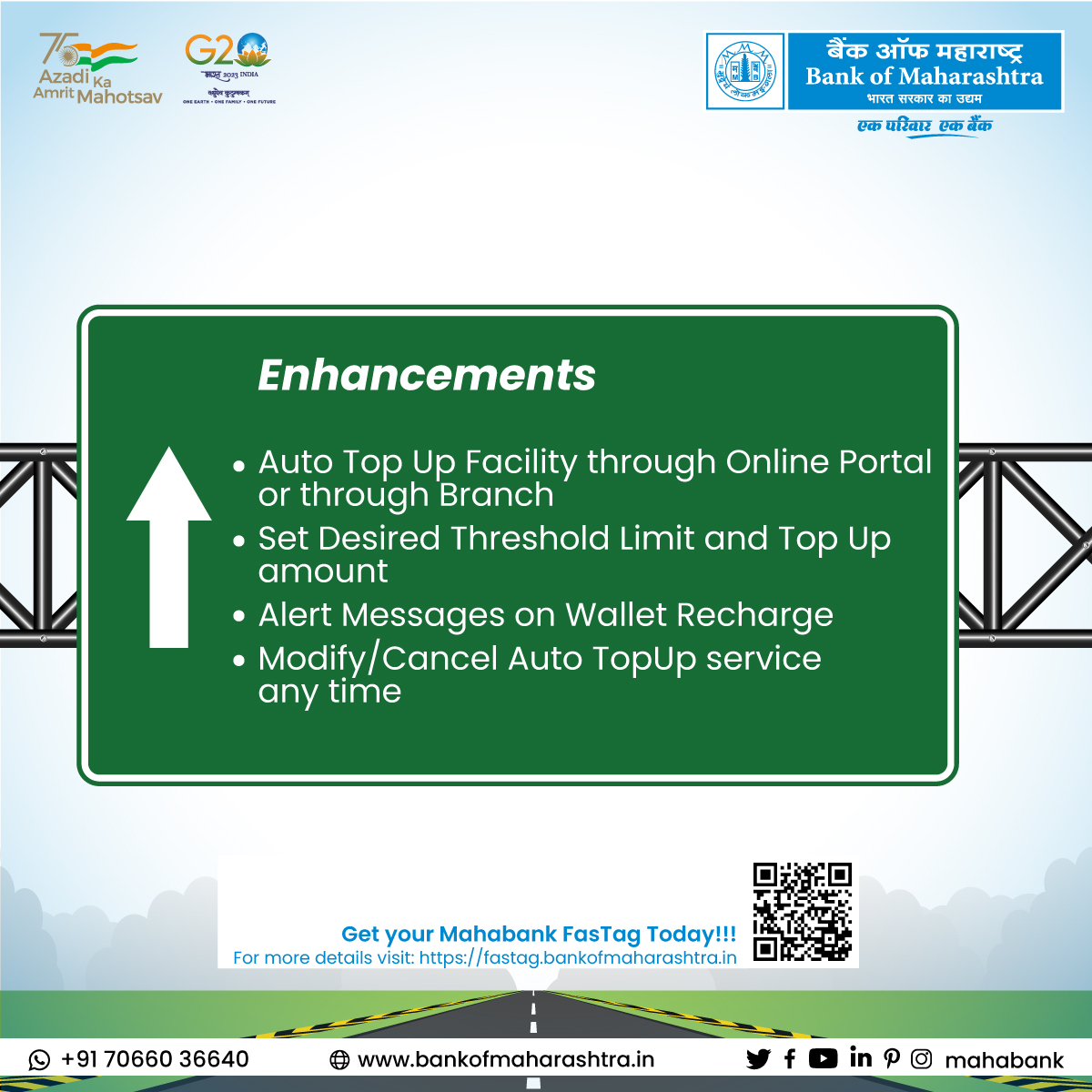 mahabank's tweet photo. (2/2) Set your desired limit, receive alert messages and modify/cancel Auto Top Up anytime. Upgrade your driving experience today! 

Click to know more: https://t.co/0tj9oUXomv

#BankofMaharashtra #mahabank #FASTag #TollPayments #AutoTopUp #EasyPayments #HassleFreeJourney https://t.co/w18KLEGIUj