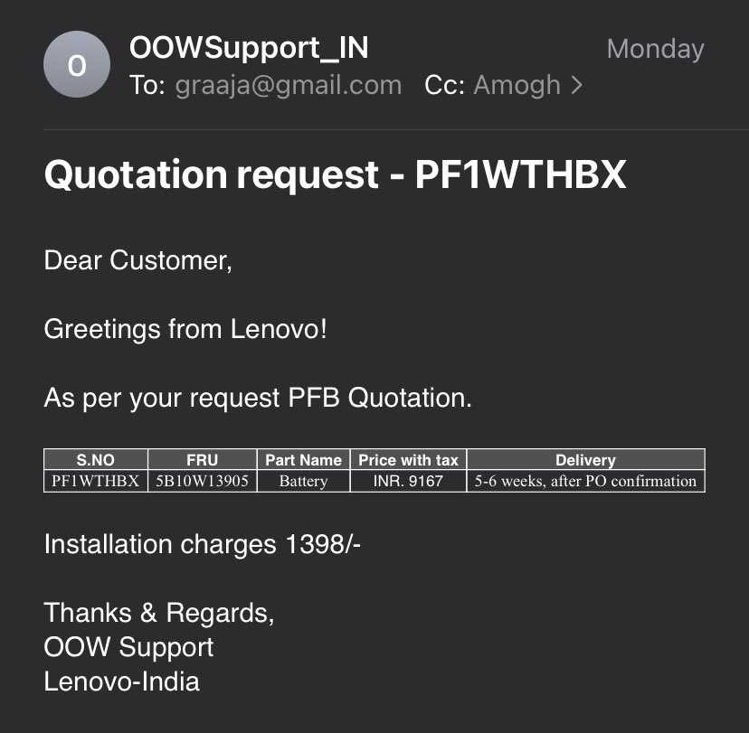 graaja's tweet photo. @Lenovo_in I asked for assurance that this will be an original Lenovo part number for which I have had no response. I already have a bad experience with non original spare fixed at service center.  I want to be sure I am paying for an original part. It’s radio silence after I asked this. https://t.co/q3RblJCz0t