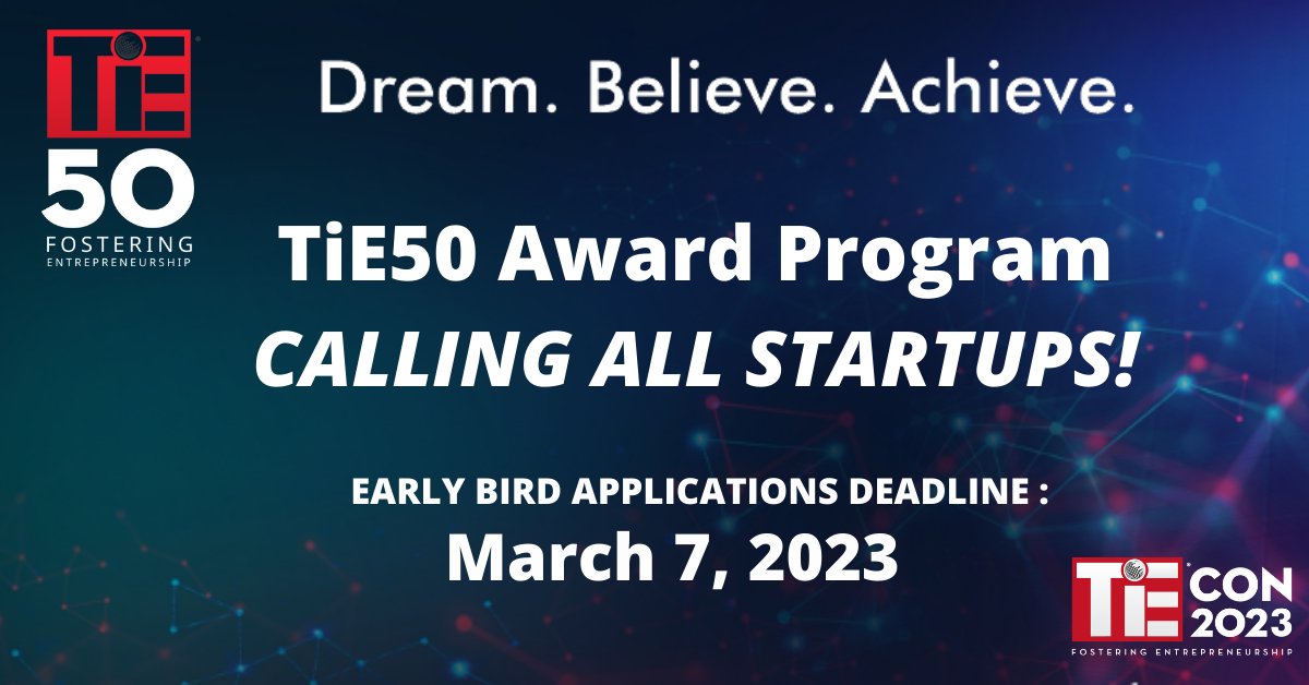 TiEcon's tweet photo. TiE50 Awards at TiEcon 2023 is a golden ticket for global tech entrepreneurs. Showcase your early to mid-stage company in the prestigious pitch competition, hosted by TiE Silicon Valley. Register now: https://t.co/HWypJk3sCl May 3-5 2023.
#Entrepreneurship #TiEcon #TiESV https://t.co/e05eMCoCgj
