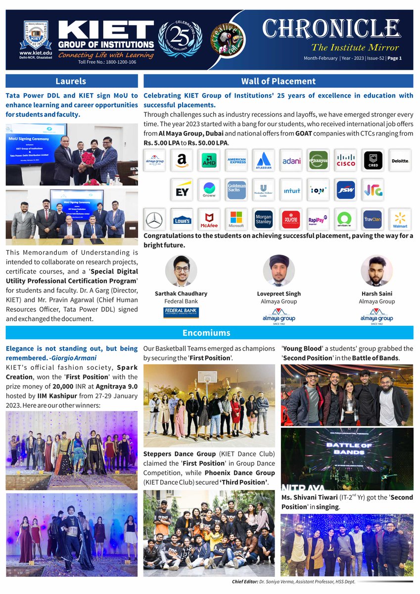 Kiet_edu's tweet photo. #KIET_Chronicle #52nd_Issue
It's that time of the month again! The 52nd Issue of the institute's monthly newsletter (Feb 2023 Edition) - "Chronicle- The Institute Mirror" is now available.
#kiet_group_of_institutions #KIETGZB #KIET #AKTU #AICTE #KIETChronicle #MonthlyNewletter https://t.co/TPUYETmdXy