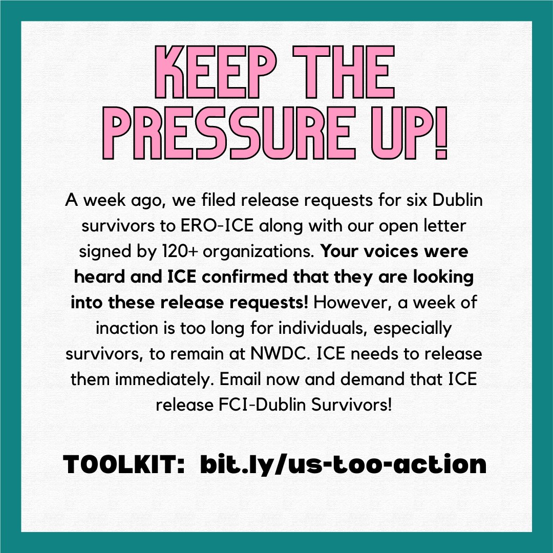 A week ago we filed release requests for 6 Dublin survivors &amp; an open letter signed by 120+ orgs. Your voices were heard and ICE confirmed that they are looking into these requests (rather than the usual automatic denials). 

Keep the pressure up! bit.ly/us-too-action