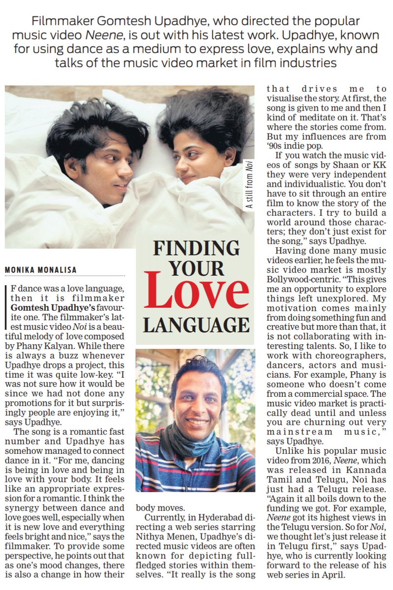 XpressBengaluru's tweet photo. Filmmaker Gomtesh Upadhye, who directed the popular music video #Neene, is out with his latest work. Upadhye, known for using dance as a medium to express love, explains why and talks of the music video market in film industries, writes @monikkamon
https://t.co/BkNlTlQr4A https://t.co/OjjTmvleFM