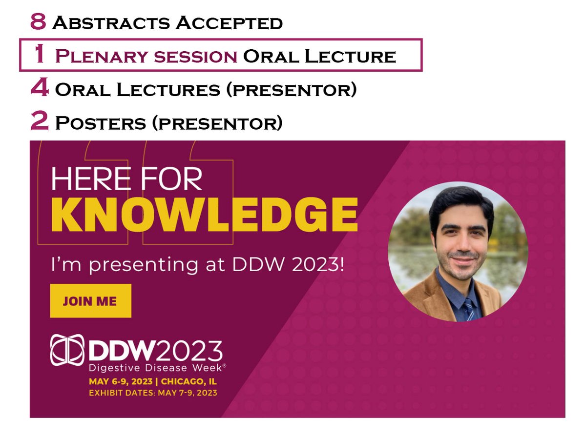 Busy week at DDW 2023; 8 abstracts accepted; One Lecture at Plenary Session; 4 oral lectures; 2 poster presentations! Deep gratitude to all my exceptional mentors at @YaleDigestive and @WUGastro! @YaleIMed @YaleIM_Chiefs @DDWMeeting #DDW2023
