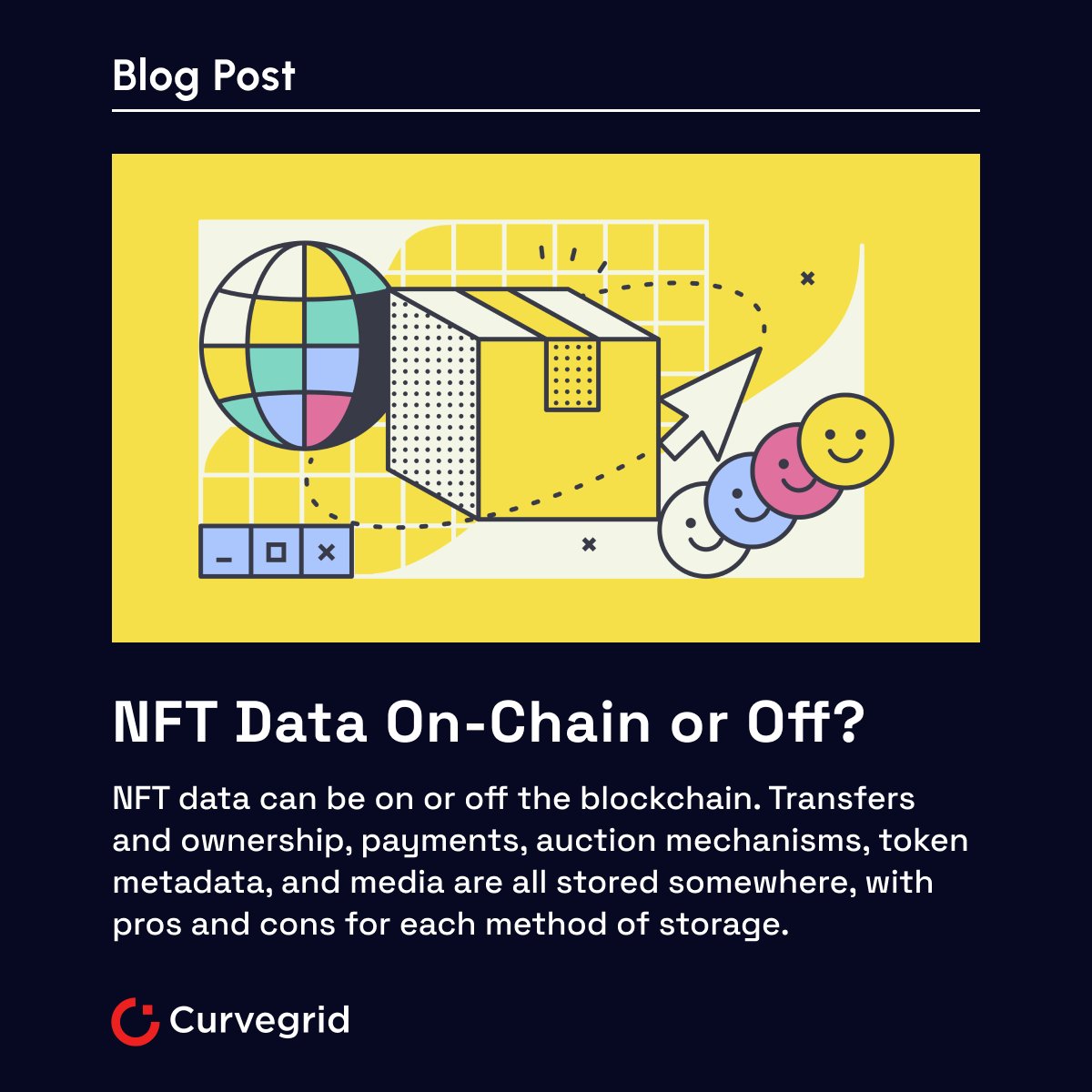 curvegridinc's tweet image. NFTs prove ownership of a unique digital asset, but the media itself is usually not stored on the blockchain. 

Take a look at our latest blog post about on-chain and off-chain solutions for NFT data:
buff.ly/3y4Btk0

#NFT #Curvegrid #IPFS