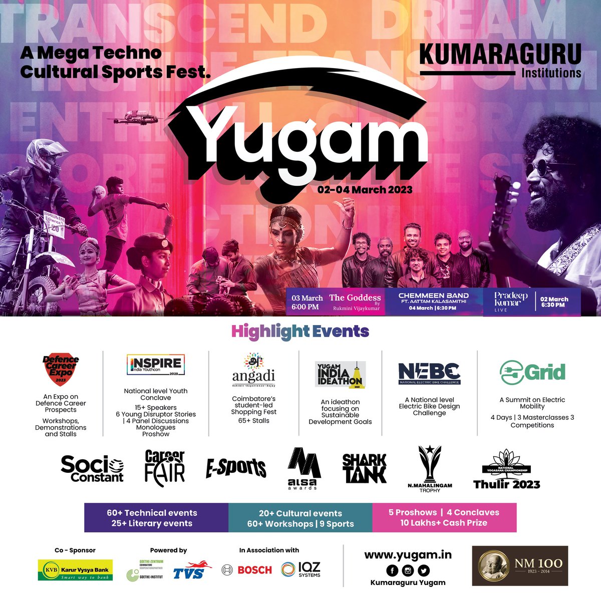 KCTOfficial's tweet photo. YUGAM - 2023 KICKSTARTS FROM TODAY WITH 'TRANSCEND' AS IT'S THEME. FOR THE NEXT THREE DAYS, STUDENTS FROM ACROSS THE COUNTRY WILL CONVERGE AT #KUMARAGURU TO WITNESS THIS MEGA TECHNO CULTURAL SPORTS FESTIVAL
#yugam23 #yugam #kct #kctbs #kumaraguruinstituteofagriculture https://t.co/Kn0yusXN2v