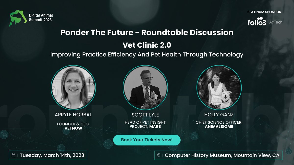 #ScottLyle (<a href="/MarsGlobal/">Mars, Incorporated</a> and Former <a href="/Zoetis/">Zoetis</a>), #HollyGanz (<a href="/animalbiome/">AnimalBiome</a>), &amp; #ApryleHorbal (<a href="/vetNOWConnected/">VetNOW</a>) will be speaking at #DAS2023. Date: March 14th Venue: <a href="/ComputerHistory/">Computer History Museum</a>. Save $275 on your tickets with #EarlyBirdDiscount bit.ly/3Jf8sIN
#DAS #AgTech #AnimalCare