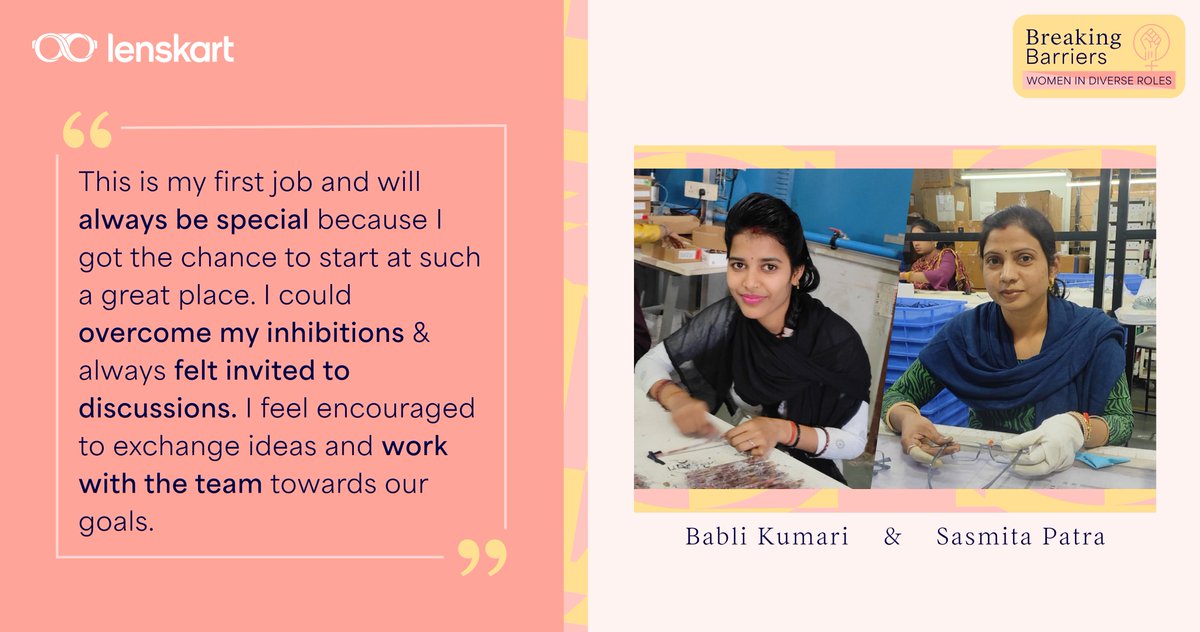 Lenskart_com's tweet photo. The #manufacturing sector has traditionally excluded women because of various stereotypes.

In Pt 2, we talk to #Babli Kumari &amp; #Sasmita Patra about their journey &amp; how things are slowly changing for the better.

#BreakingBarriers | Women in Diverse Roles- https://t.co/ODyNaLvq8B https://t.co/nKRfHfsOMN