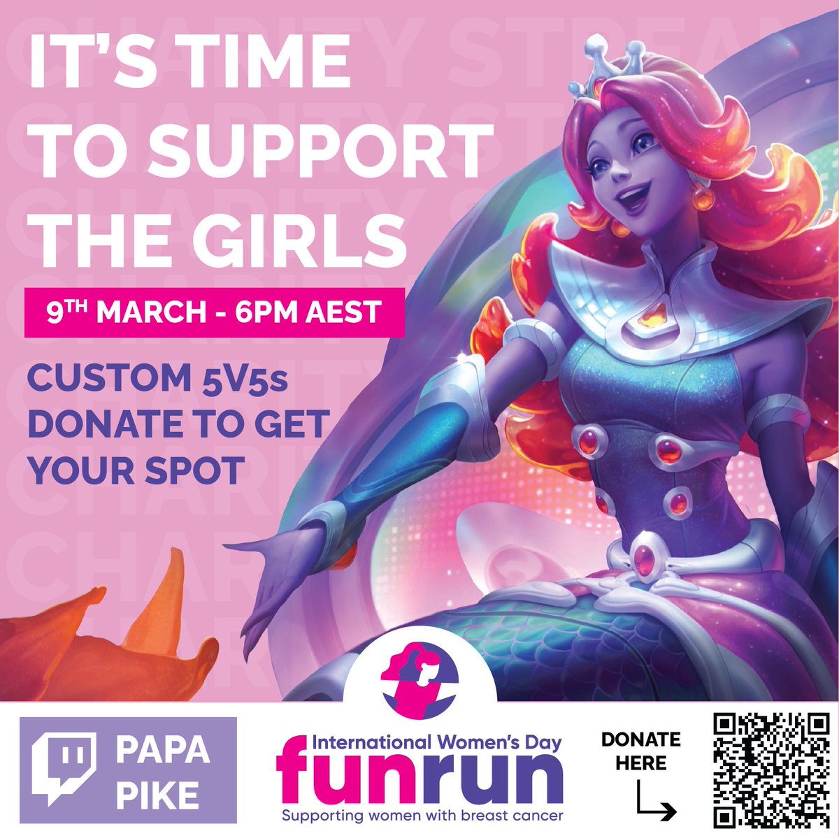 My amazing partner @PapaPike_  let’s me use a stream to raise money for international women’s day since since that’s my birthday. This year we are doing some fun 5v5s. Join us for fun times and giveaways and shenanigans as always.