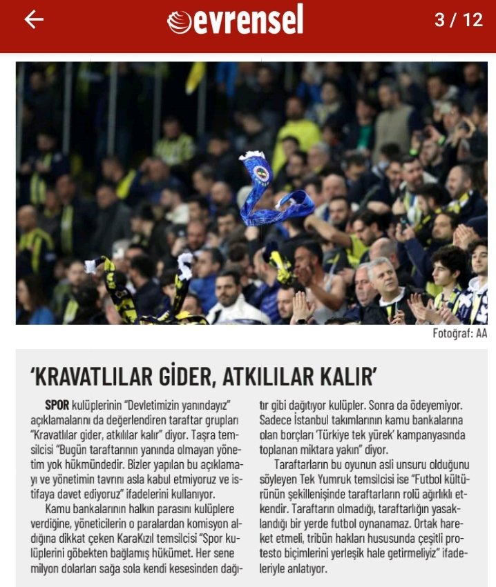 Kravatlılar gider, atkılılar kalır.

Devletimizin yanındayız diye içi boş cümlelerle ile aslında iktidarın yanındayız (Devlet hepimizin) diyenlere karşı tribünler susmaz.
#Deplasmanimadokunma 
#FenerbahceHalktır 
#Galatasaray