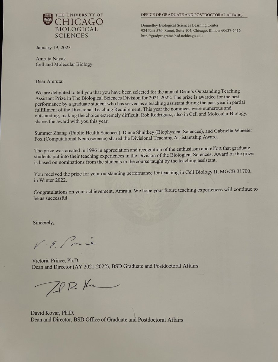 I am excited to share that earlier this quarter, <a href="/UChicagoBSD/">UChicago Biological Sciences</a> awarded me the annual Dean’s Outstanding TA award! I thoroughly enjoyed discussing cell biology with the most amazing and talented class of Cell Bio II!