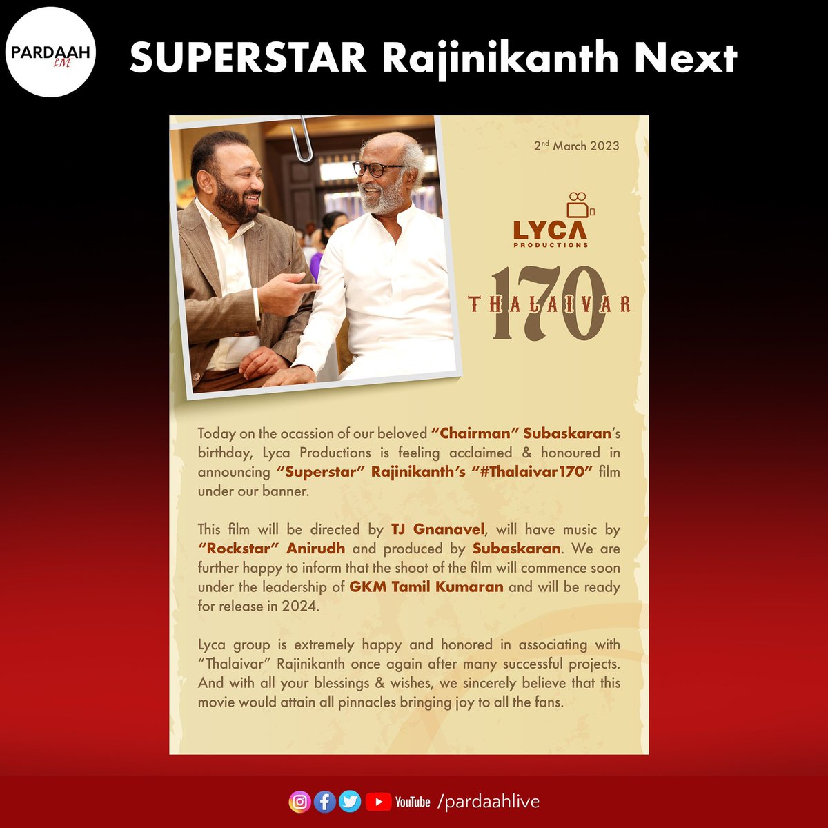 “Superstar” @rajinikanth 🌟 Starrer #Thalaivar170 
Directed by @tjgnan 🎬 ( #JaiBhim )
Music by @anirudhofficial 🎸
Produced by @gkmtamilkumaran of @LycaProductions #Subaskaran
#தலைவர்170 🤗 #SuperStarRajinikanth #SuperStarRajini #Rajini #TJGnanavel #Anirudh #AnirudhRavichander