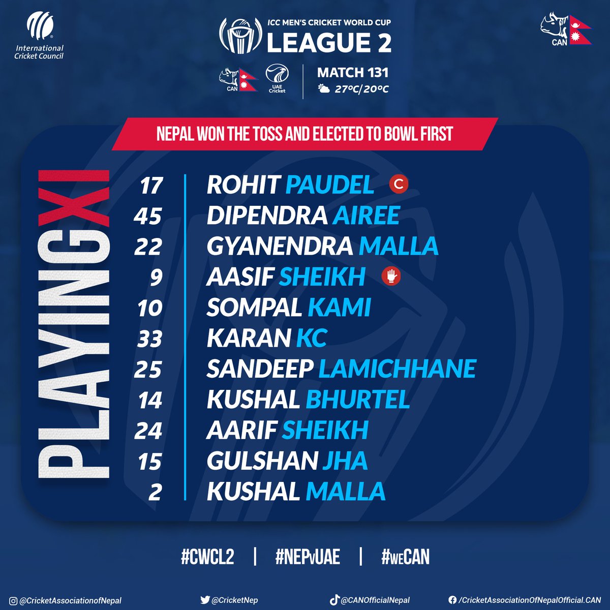 CricketNep's tweet photo. 🇳🇵🇦🇪 | Here's how we lineup in today's #CWLC2 clash against the UAE in Dubai!
We have one change in the team.

#NEPvUAE #weCAN https://t.co/qioLYOKsJl