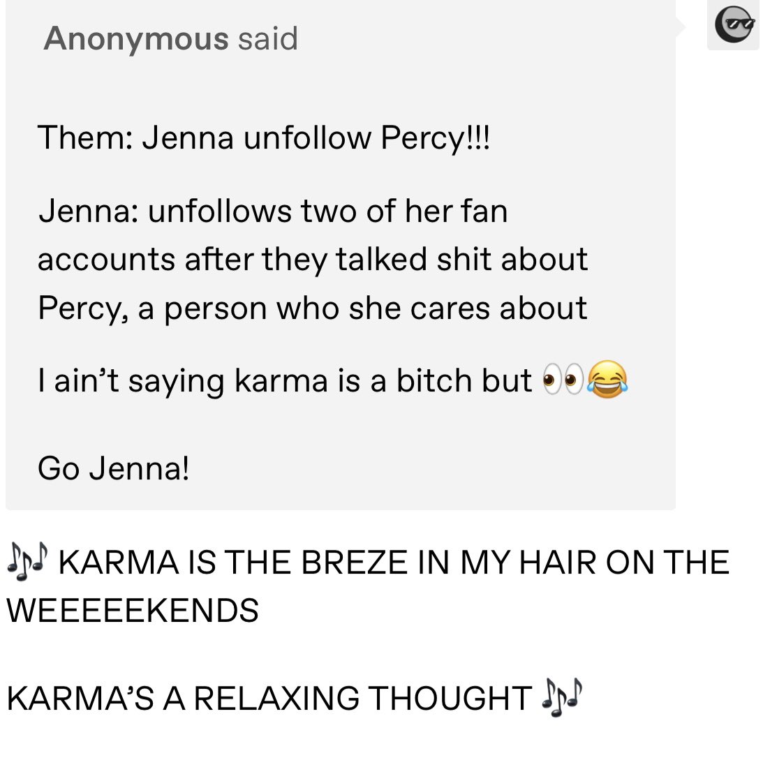 anardilyas's tweet photo. This was too good to not bring here as well #PercyHynesWhite I told you all Karma would be the soundtrack 😌💅 https://t.co/Amso3gbqgD