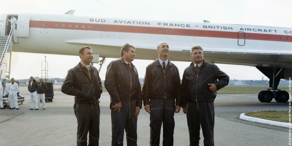 MuseeAirEspace's tweet photo. #CeJourLà #OnThisDay - Le 2 mars 1969, le prototype 001 du supersonique franco-britannique #Concorde, piloté par André #Turcat assisté de Jacques Guignard, Henri Perrier et Michel Rétif, effectue son premier vol depuis l'@aeroport_tls #AvGeek https://t.co/q8MOUfB0OE