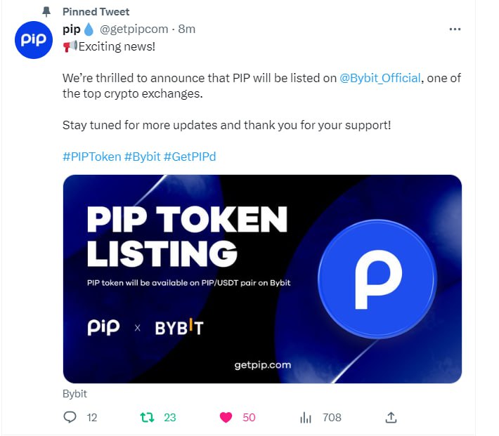 DashDrops's tweet photo. If you still holding $PIP, good news for you.

Today $PIP will be listed on @Bybit_Official at 13:30 IST.

Currently 100 $PIP = $25 Approx. https://t.co/FeRnZO0l4k