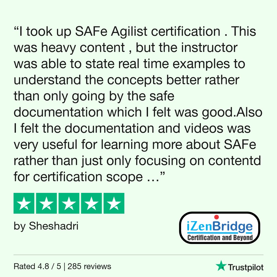 One of our clients shared a wonderful experience of learning during the SAFe Agilist class.
👉 trustpilot.com/reviews/63f4fa…

#izenbridge #safeagilist #trustpilotreviews