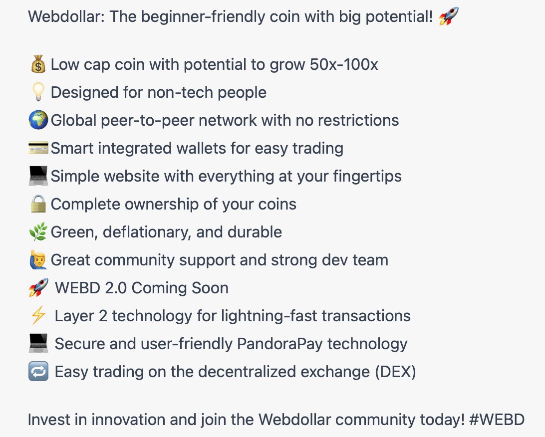 Get in the Crypto Game with Webdollar

It's never been easier to join the #cryptocurrency revolution. 

With Webdollar, you can start #Mining on any browser using any device - no need to be a tech genius! 

Get in the #crypto game today with #Webdollar and invest with confidence
