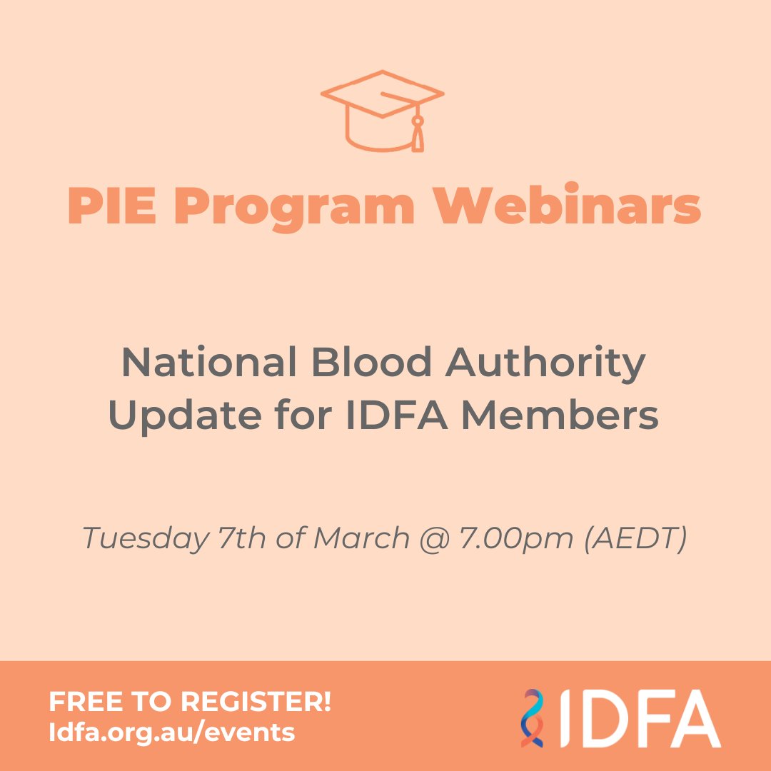IDFA (@idfaustralia) on Twitter photo Our next PI Education Webinar will be hosted on Tues 7 March, 7.00 pm. Jo Cameron from the <a href="/NationalBloodAU/">National Blood Auth.</a> will update us on the upcoming changes to Australian Produced Plasma Products. ow.ly/G6pz50N6HEy
#PIAwareness #primaryimmunodeficiencydiseases #NationalCarersWeek Our next PI Education Webinar will be hosted on Tues 7 March, 7.00 pm. Jo Cameron from the <a href="/NationalBloodAU/">National Blood Auth.</a> will update us on the upcoming changes to Australian Produced Plasma Products. ow.ly/G6pz50N6HEy
#PIAwareness #primaryimmunodeficiencydiseases #NationalCarersWeek