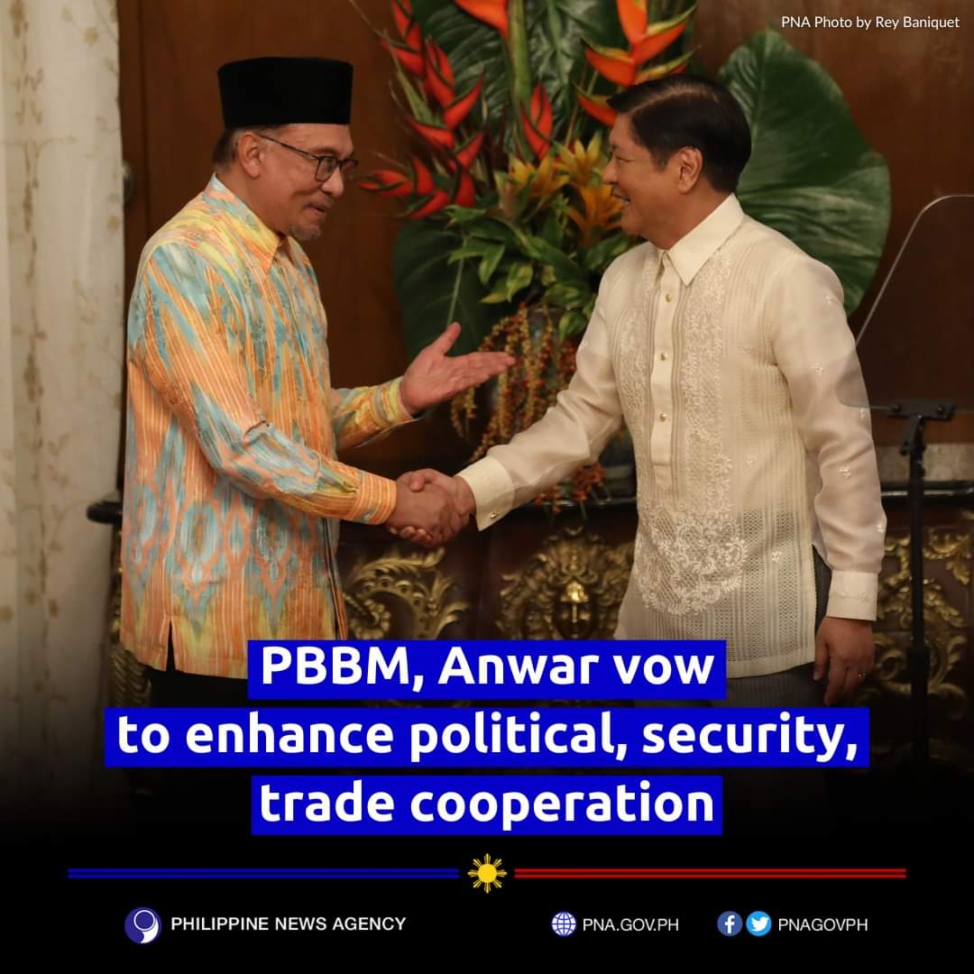 pnagovph's tweet photo. President Ferdinand Marcos Jr. and Malaysian Prime Minister Anwar Ibrahim agreed Wednesday to strengthen political, security, and trade and investment cooperation between the PH and Malaysia following their bilateral meeting at Malacañan Palace in Manila. https://t.co/nvcV2Izyx4 https://t.co/zGiLehZWYD