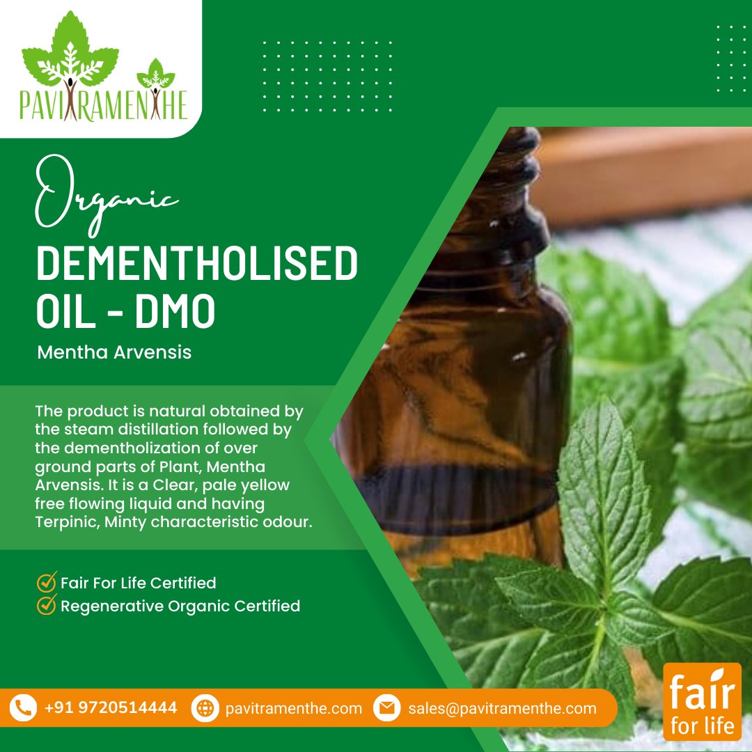 organic_fair's tweet photo. The product is naturally obtained by steam distillation followed by the dementholization of overground parts of the Plant.
#pavitramenthe #organicproducts #fairtrade #fairtradecertified #menthaarvensisoil #dementholisedoil #dmo #organicdmo #organicdementholisedoil https://t.co/HbVPs6c0mc